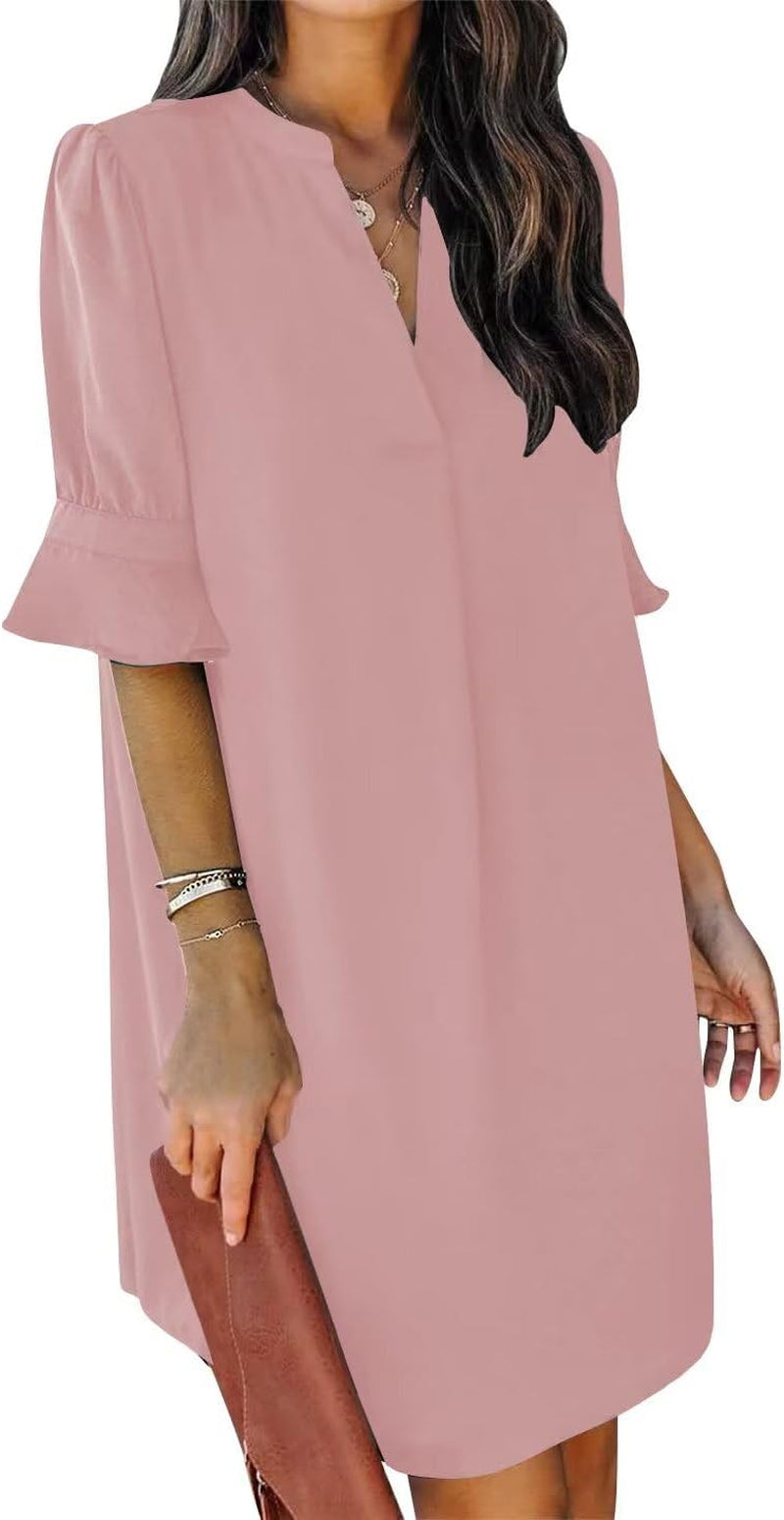 Shift Dress for Women V Neck Short Sleeves Solid Color Casual Flowy Summer Dresses(S-2Xl)