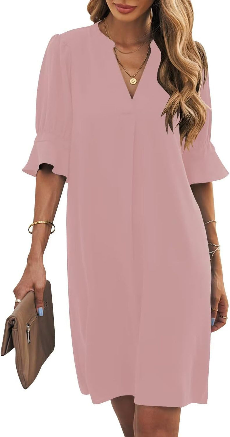 Shift Dress for Women V Neck Short Sleeves Solid Color Casual Flowy Su –  Clothing Store