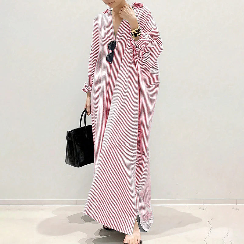 Women Striped Long Sleeve Casual Loose Button Long Shirt Dress