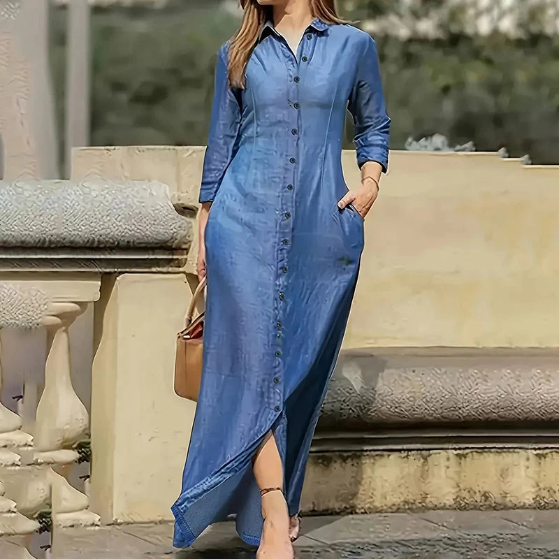 Womens Casual Button Long Sleeve Denim Maxi Dress