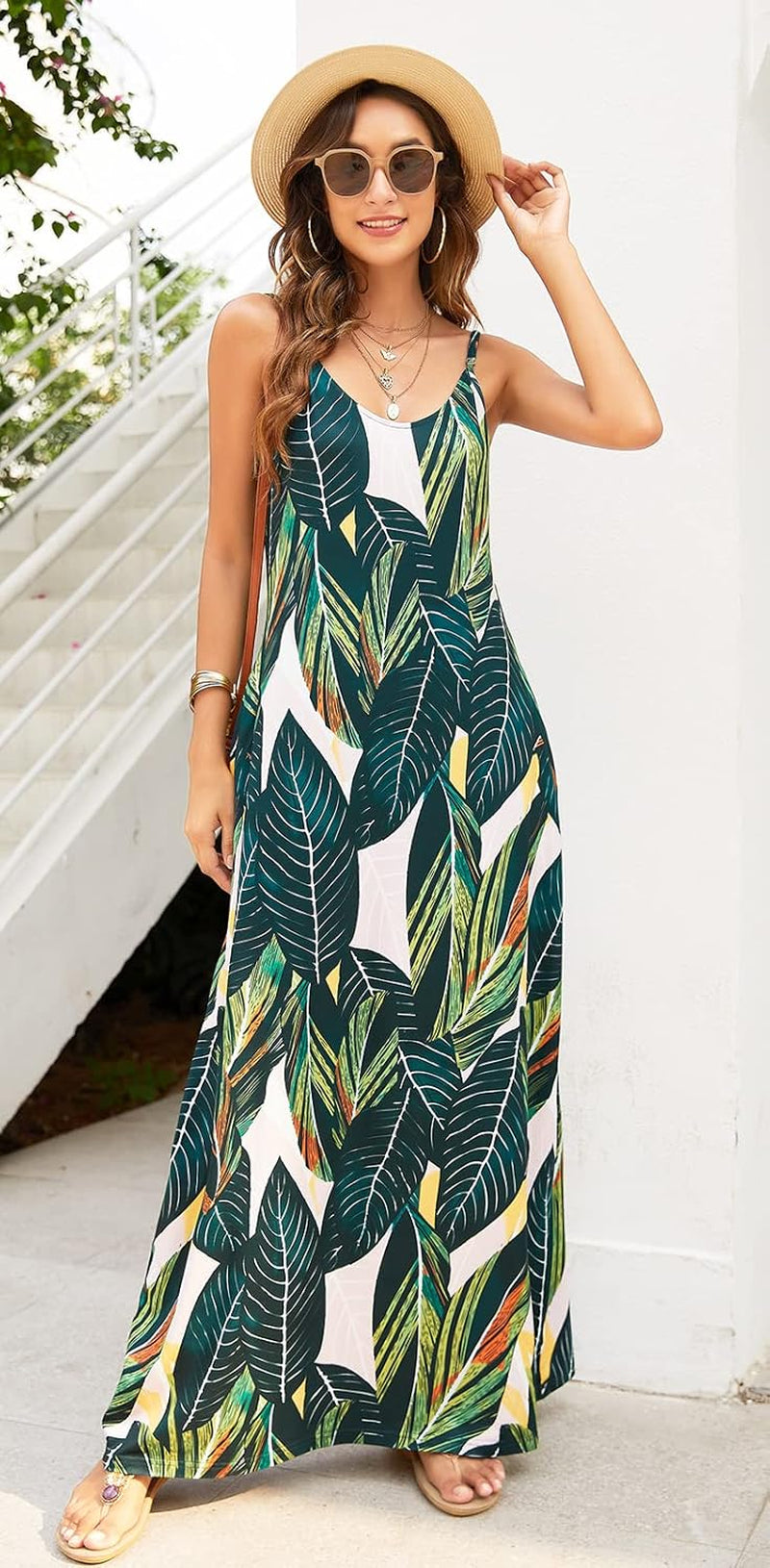Women'S Summer Maxi Dress Casual V-Neck Sleeveless Bohemian Spaghetti Strap Floral Long Maxi Dress with Pockets