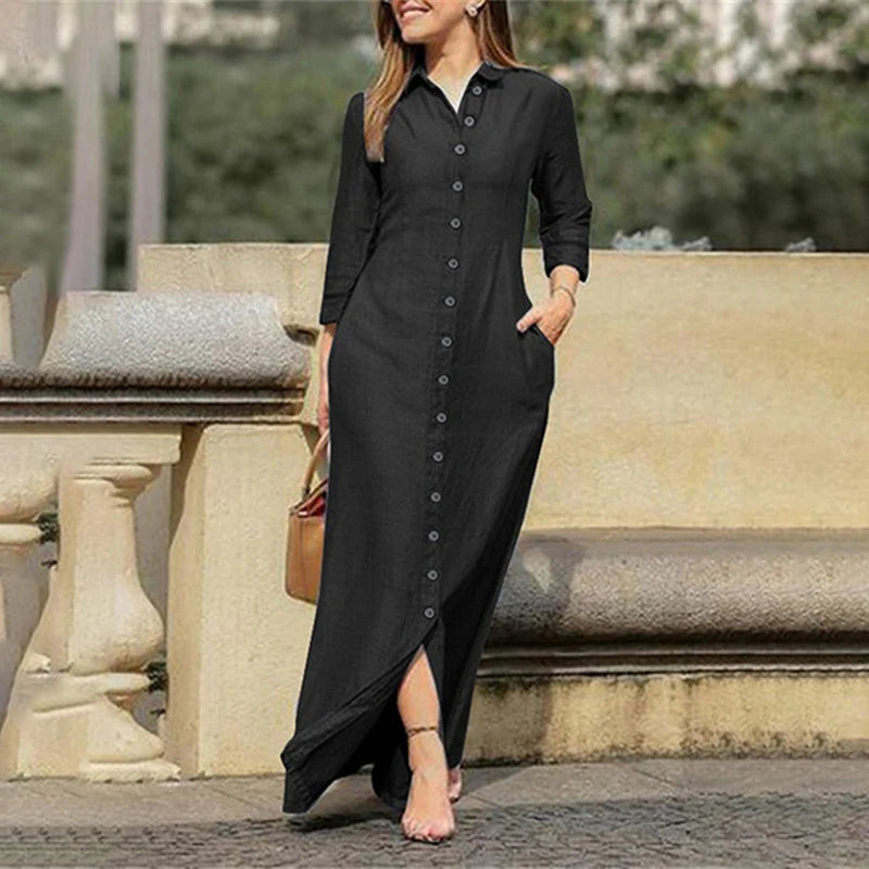 Womens Casual Button Long Sleeve Denim Maxi Dress