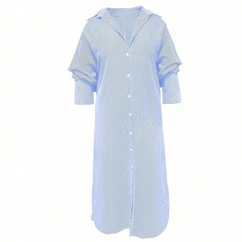 Women Striped Long Sleeve Casual Loose Button Long Shirt Dress