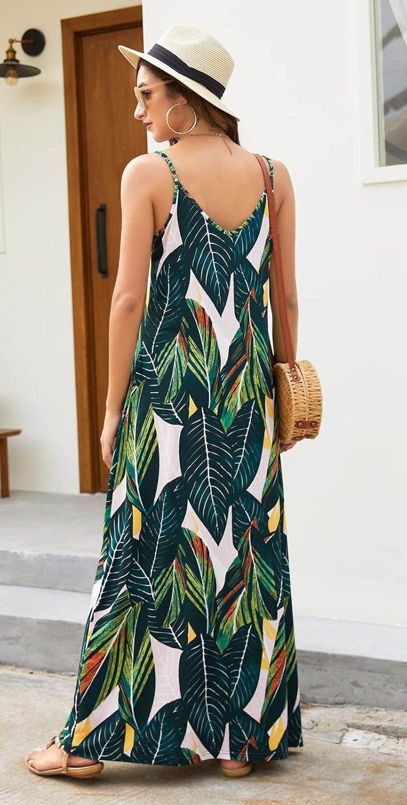 Women'S Summer Maxi Dress Casual V-Neck Sleeveless Bohemian Spaghetti Strap Floral Long Maxi Dress with Pockets