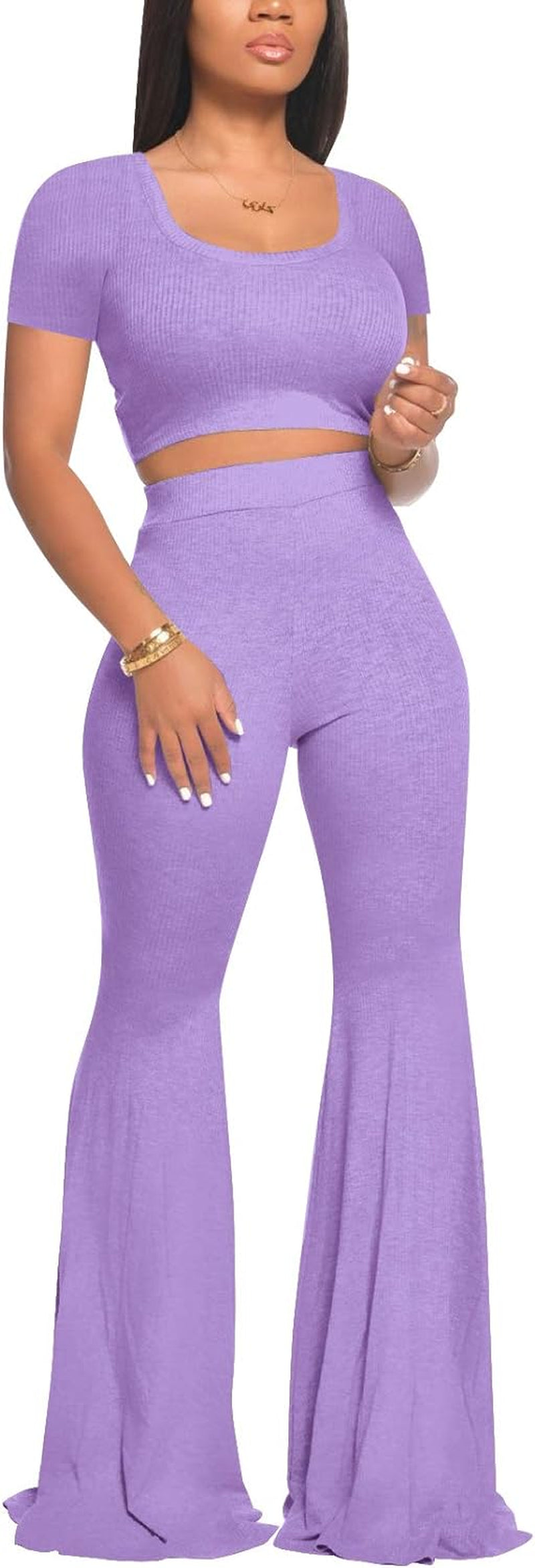 2 Piece Outfits for Women Workout Sets - Sexy Crop Top + High Waisted Flared Long Pant Sets Track Suits Yoga Sports