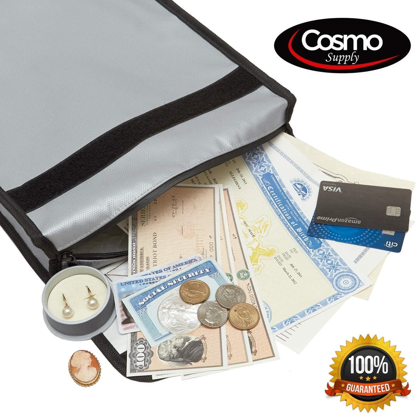 Cosmo Fireproof Document Bag - Fire/Waterproof Storage for Cash, Documents, Passports