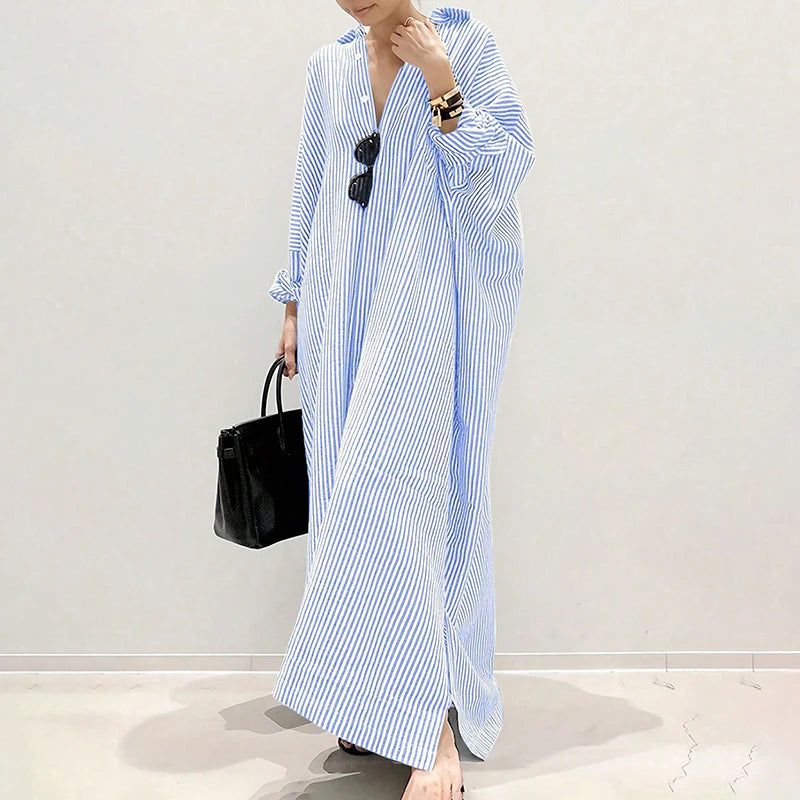 Women Striped Long Sleeve Casual Loose Button Long Shirt Dress
