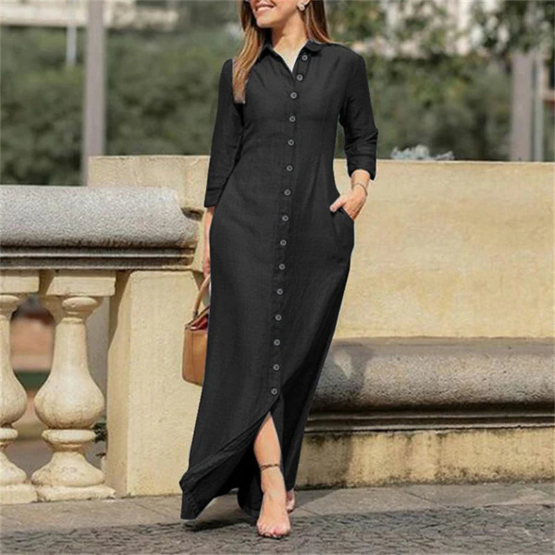 Womens Casual Button Long Sleeve Denim Maxi Dress