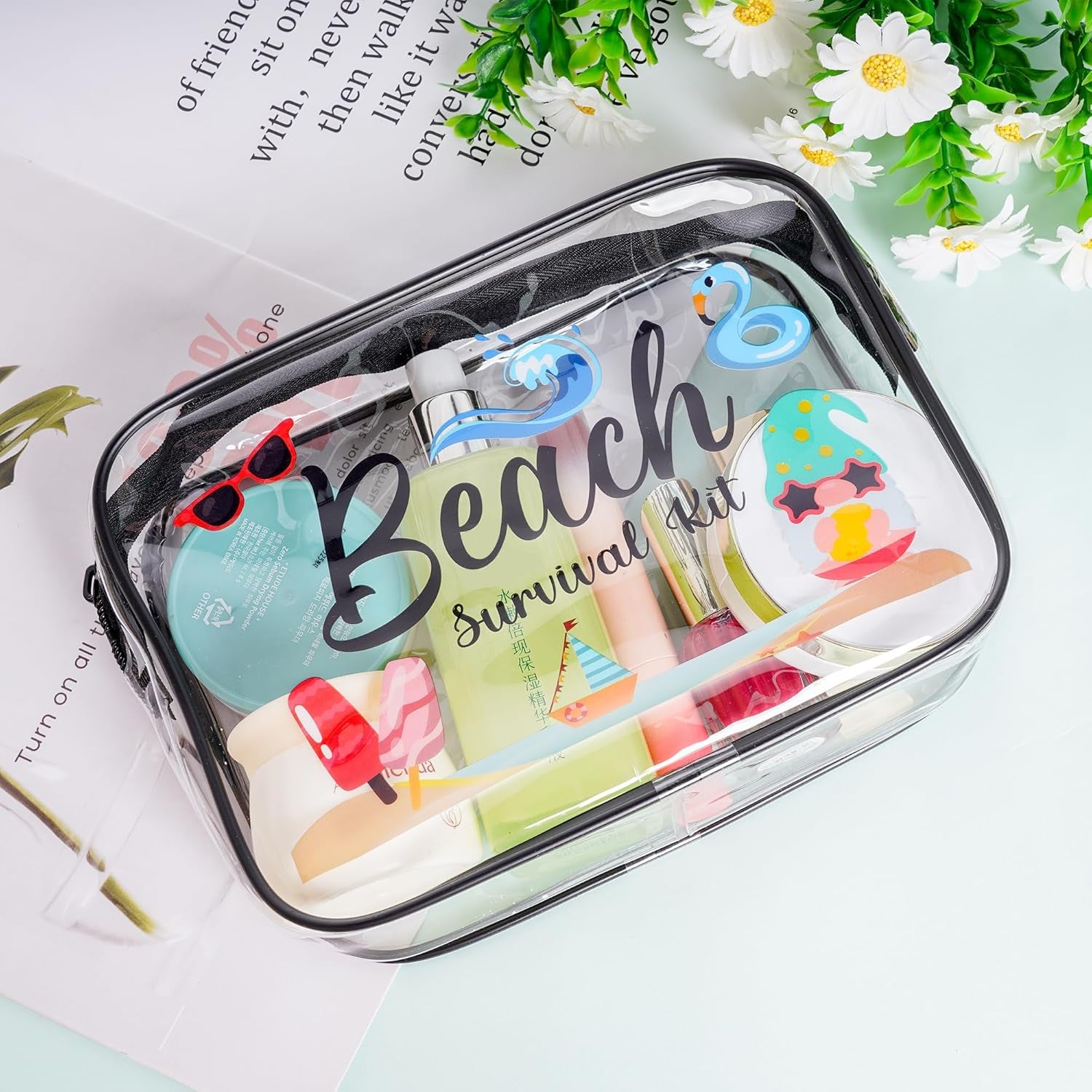 4Pcs Beach Clear Makeup Bags for Women Summer Beach Survival Kit Cosmetic Bags Waterproof PVC Toiletry Bags Portable Seaside Travel Pouch with Zipper for Lady Girls Summer Travel Vacation