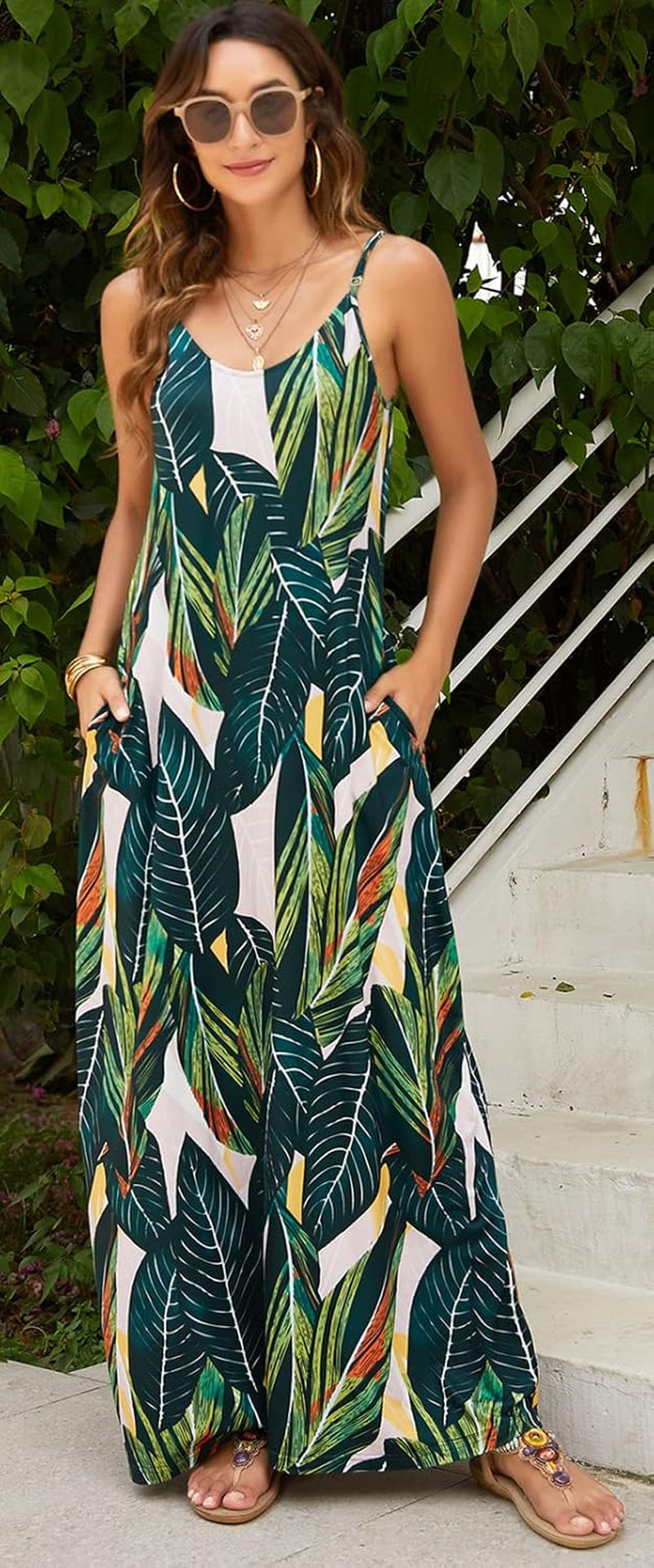 Women'S Summer Maxi Dress Casual V-Neck Sleeveless Bohemian Spaghetti Strap Floral Long Maxi Dress with Pockets