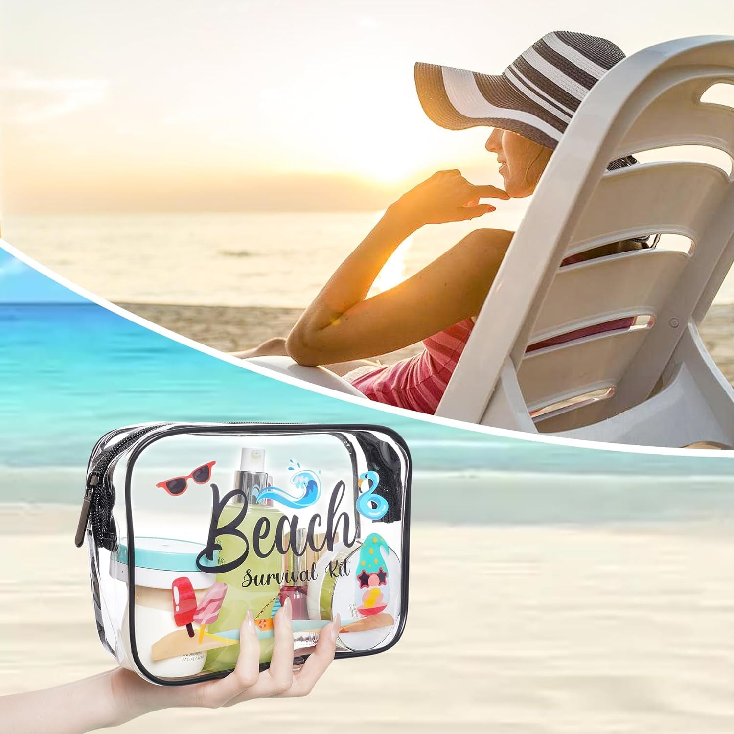 4Pcs Beach Clear Makeup Bags for Women Summer Beach Survival Kit Cosmetic Bags Waterproof PVC Toiletry Bags Portable Seaside Travel Pouch with Zipper for Lady Girls Summer Travel Vacation