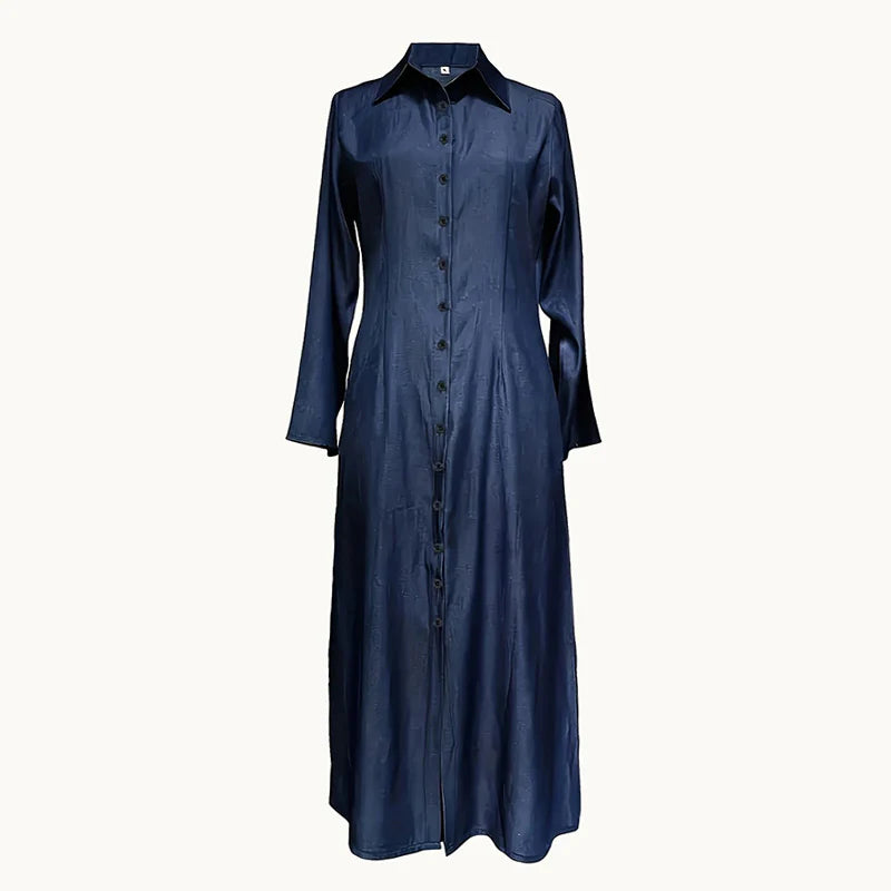 Womens Casual Button Long Sleeve Denim Maxi Dress