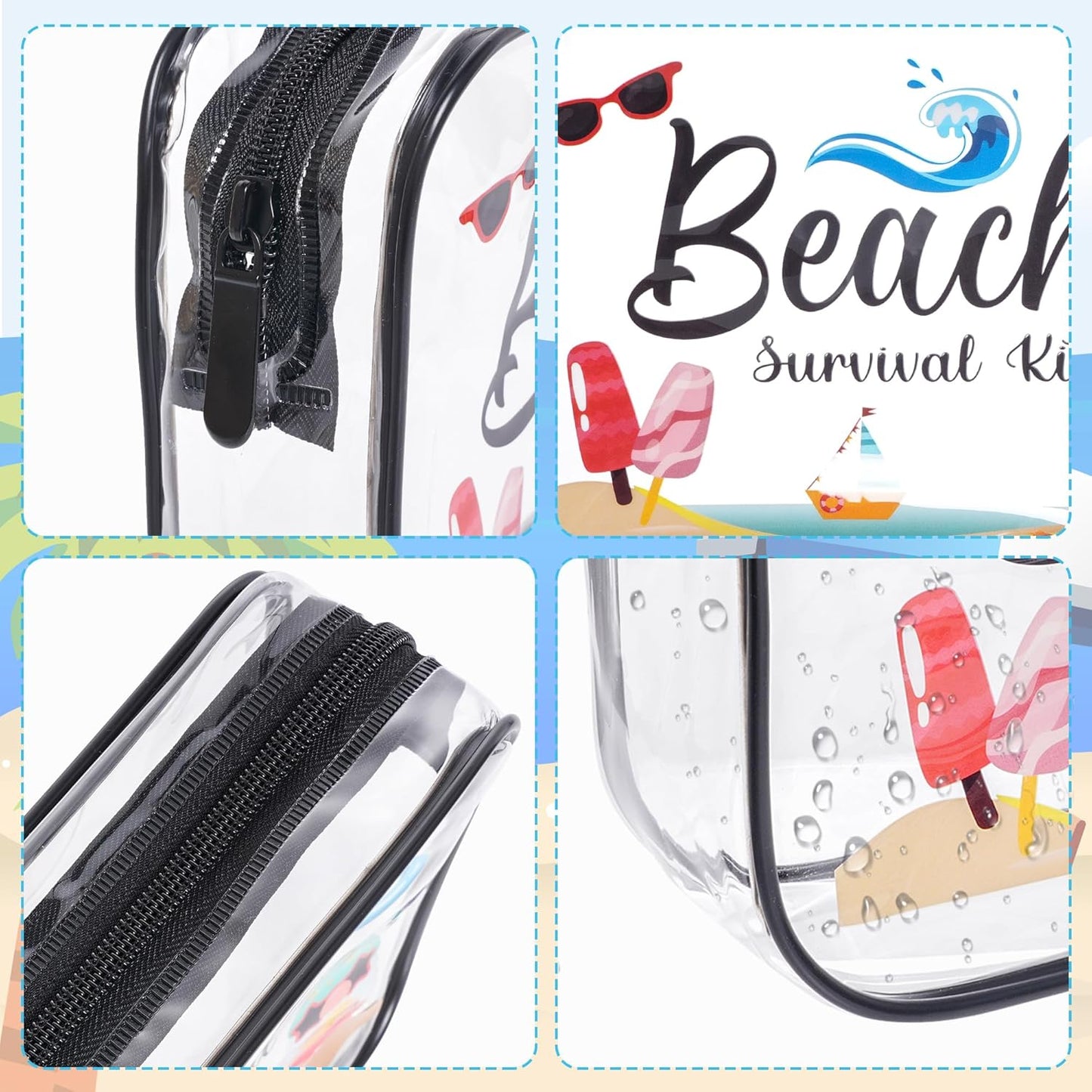 4Pcs Beach Clear Makeup Bags for Women Summer Beach Survival Kit Cosmetic Bags Waterproof PVC Toiletry Bags Portable Seaside Travel Pouch with Zipper for Lady Girls Summer Travel Vacation