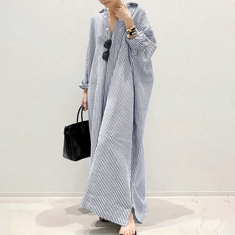 Women Striped Long Sleeve Casual Loose Button Long Shirt Dress