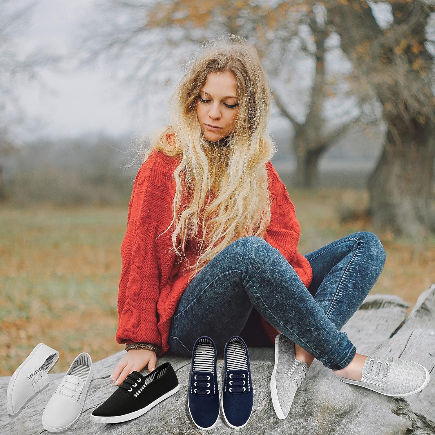 Women'S Canvas Slip on Sneakers - Casual Walking Shoes, Non Slip Work Shoes