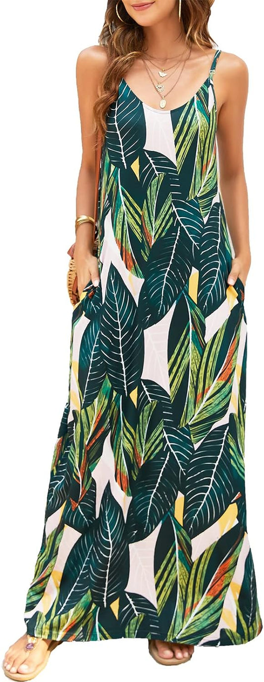 Women'S Summer Maxi Dress Casual V-Neck Sleeveless Bohemian Spaghetti Strap Floral Long Maxi Dress with Pockets