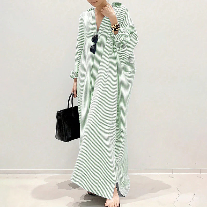 Women Striped Long Sleeve Casual Loose Button Long Shirt Dress