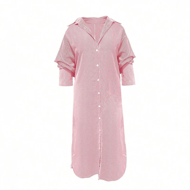 Women Striped Long Sleeve Casual Loose Button Long Shirt Dress