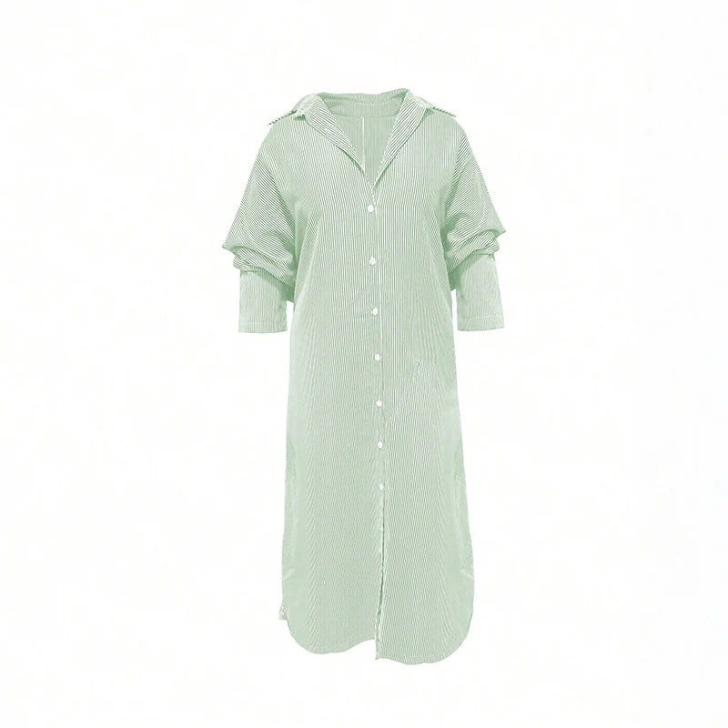 Women Striped Long Sleeve Casual Loose Button Long Shirt Dress