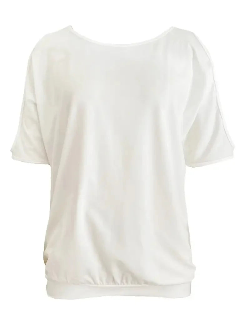 Solid Color round Neck Casual Hollow Off-Shoulder White Short Sleeves
