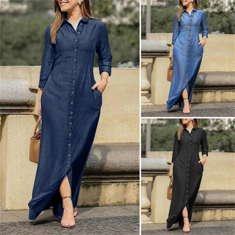 Womens Casual Button Long Sleeve Denim Maxi Dress