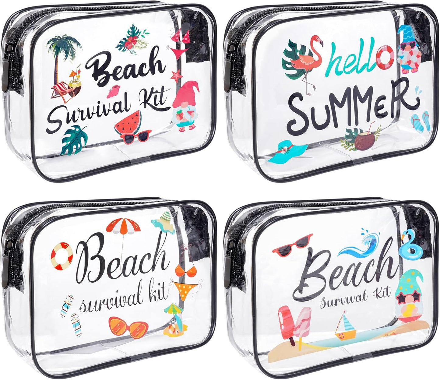 4Pcs Beach Clear Makeup Bags for Women Summer Beach Survival Kit Cosmetic Bags Waterproof PVC Toiletry Bags Portable Seaside Travel Pouch with Zipper for Lady Girls Summer Travel Vacation