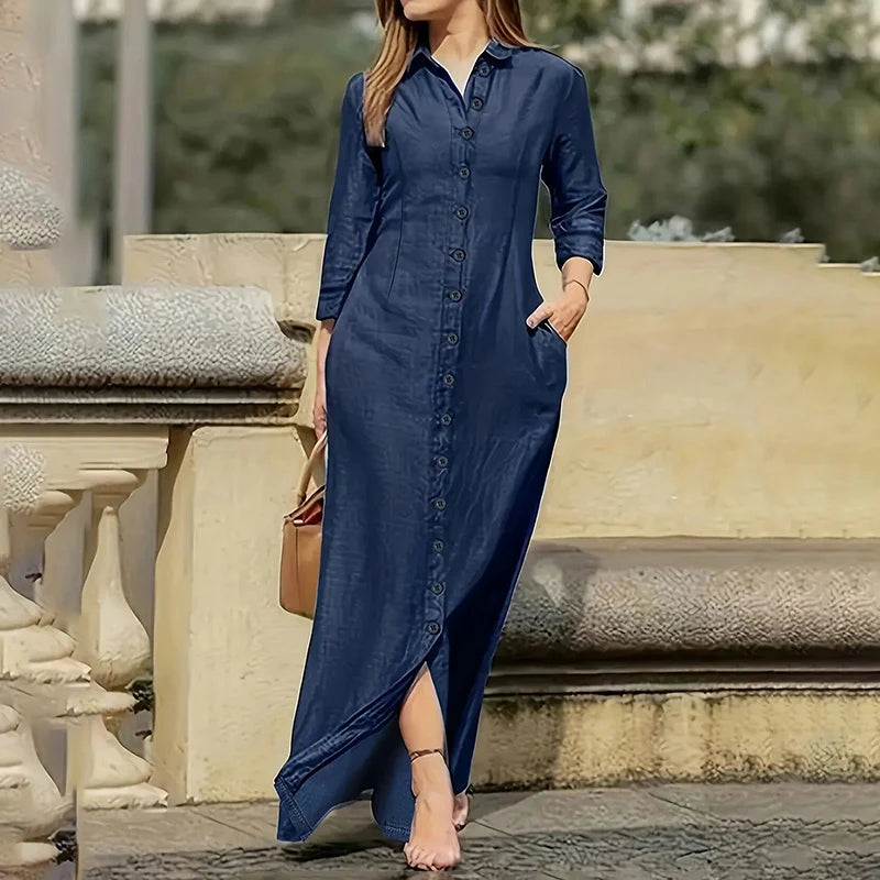 Womens Casual Button Long Sleeve Denim Maxi Dress