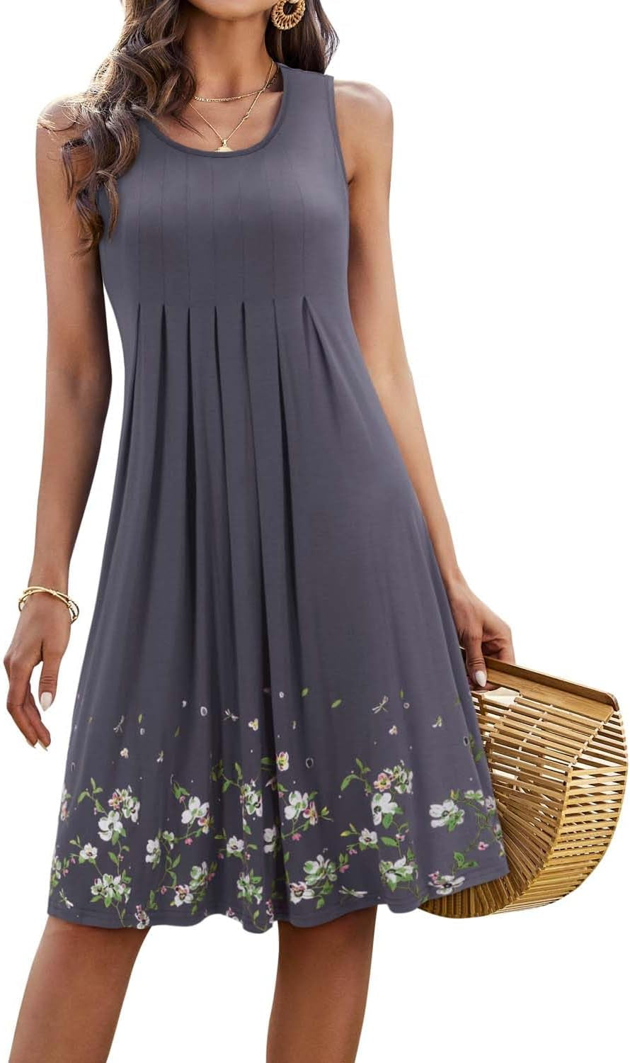 Womens Summer Dresses 2025 Casual Pleated Floral A-Line Tank Sundress Beach Vacation Cruise Outfits