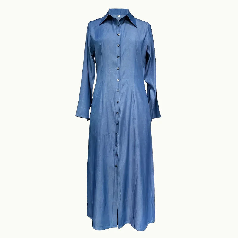 Womens Casual Button Long Sleeve Denim Maxi Dress