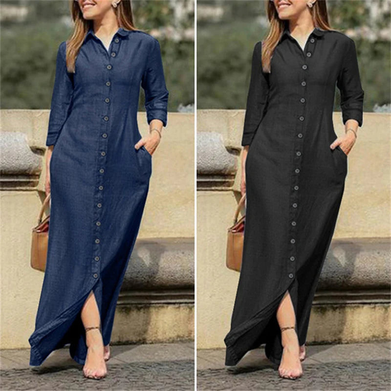 Womens Casual Button Long Sleeve Denim Maxi Dress