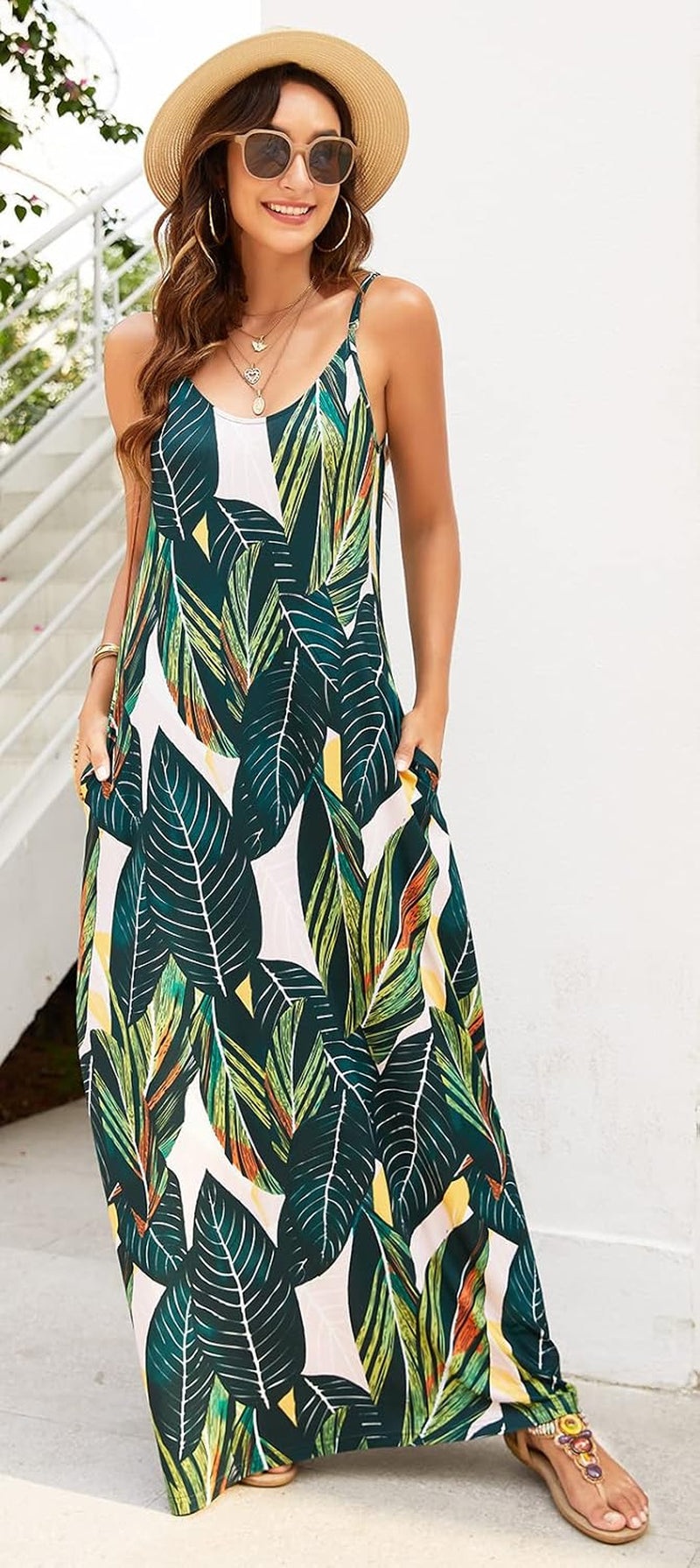 Women'S Summer Maxi Dress Casual V-Neck Sleeveless Bohemian Spaghetti Strap Floral Long Maxi Dress with Pockets