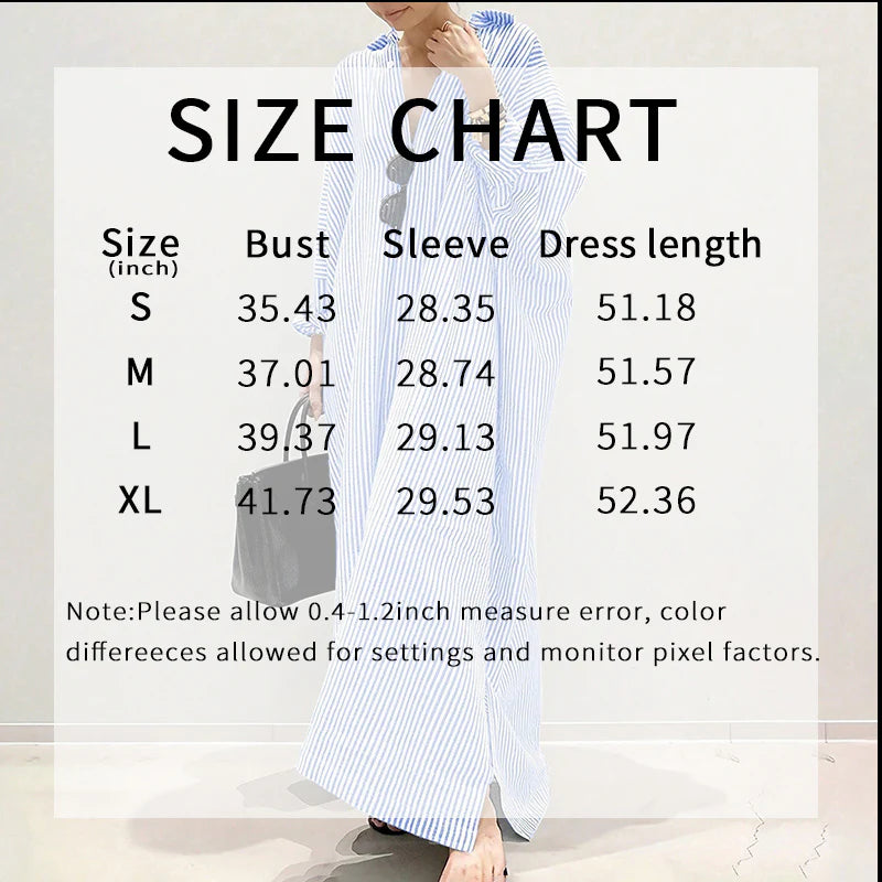 Women Striped Long Sleeve Casual Loose Button Long Shirt Dress